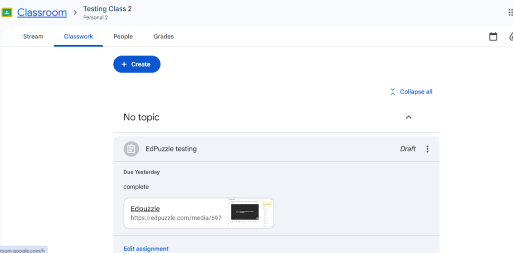 Picture showing embedding the copied EdPuzzle link, which needs to be assigned, in Google Classroom