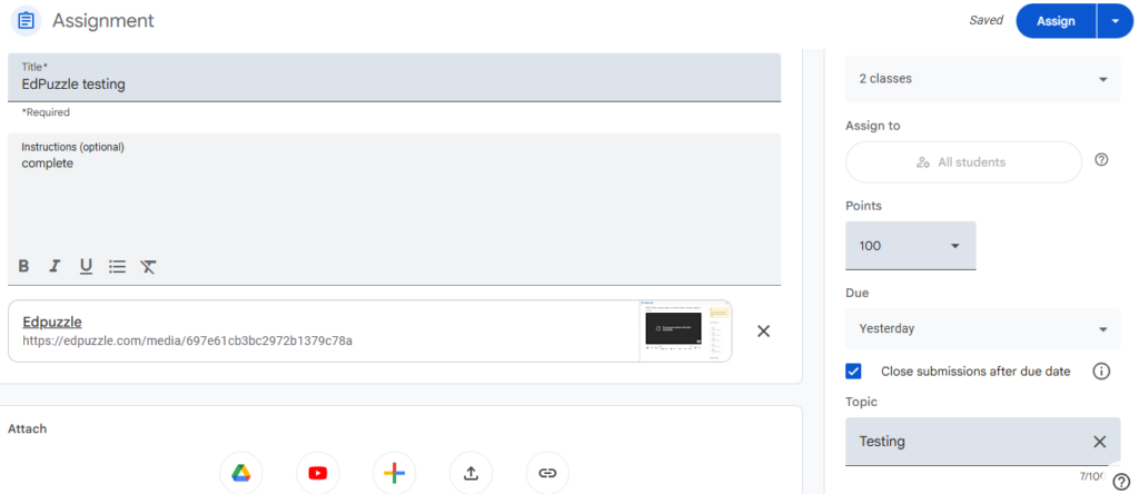A Picture showing how to assign assignments by selecting all classes in Google Classroom after selecting due dates and grade points.