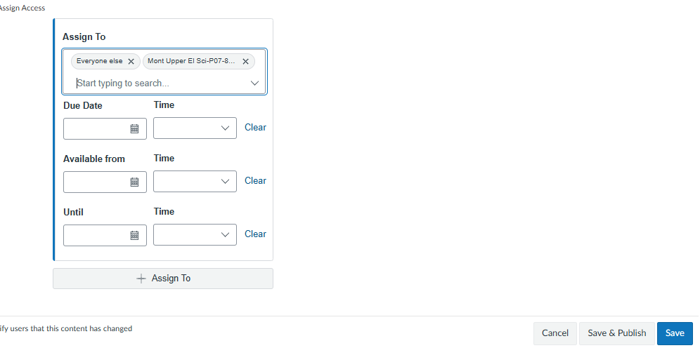 A picture showing how to save and publish the assignment to one class as a final step on Canvas.
