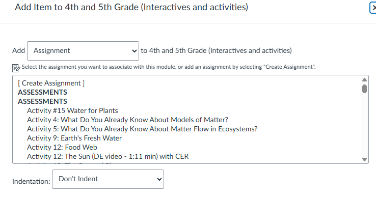 A picture showing how to create an assignment for each class separately on Canvas.
