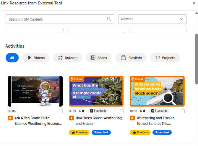 A picture showing how to select the EdPuzzle that needs to be assigned on Canvas.