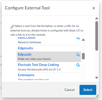 A Picture showing how to select EdPuzzle from an external source on Canvas.