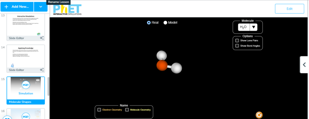 Students interact with a Nearpod lesson displaying a 3D molecular model that can be rotated and zoomed, allowing learners to examine atom arrangement and molecular structure from multiple angles during an interactive science activity.