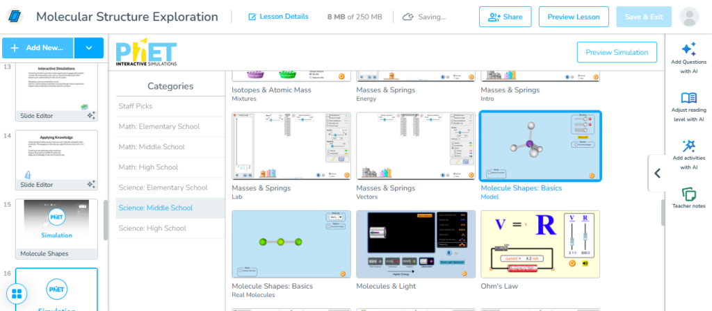 Nearpod lesson editor displaying the “Add New Tab” menu used to embed interactive simulations, enabling teachers to add web-based simulation content for student exploration within a Nearpod lesson.
