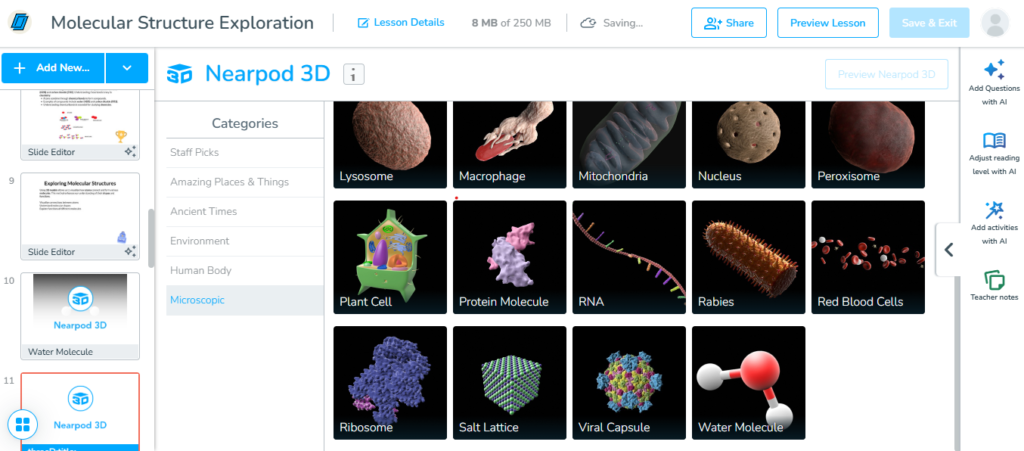 Nearpod lesson editor interface showing the “Add New Tab” button selected, with options to insert 3D models for molecular exploration, allowing teachers to embed interactive objects that students can rotate and examine within the lesson.