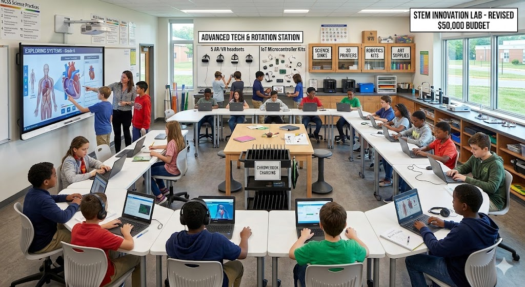 A bright, modern middle school STEM innovation lab. A diverse group of students in grades 4–8 are seated at white desks arranged in a U-shape, each working on a Chromebook. At the front, a female teacher wearing a grey hijab and modest olive-green clothing points to a large interactive display showing a biological diagram of a human heart. In the center of the room is a wooden collaboration table and a Chromebook charging cart. The back wall features an "Advanced Tech & Rotation Station" with several AR/VR headsets and IoT microcontroller kits. To the right, cabinets are labeled for science sinks, 3D printers, and robotics kits, next to large windows overlooking a school campus.